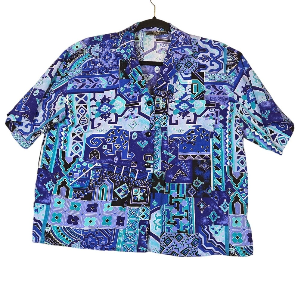 Renee Adams Button Up Top Women Large Geometric Abstract Blue USA Artsy Vacation